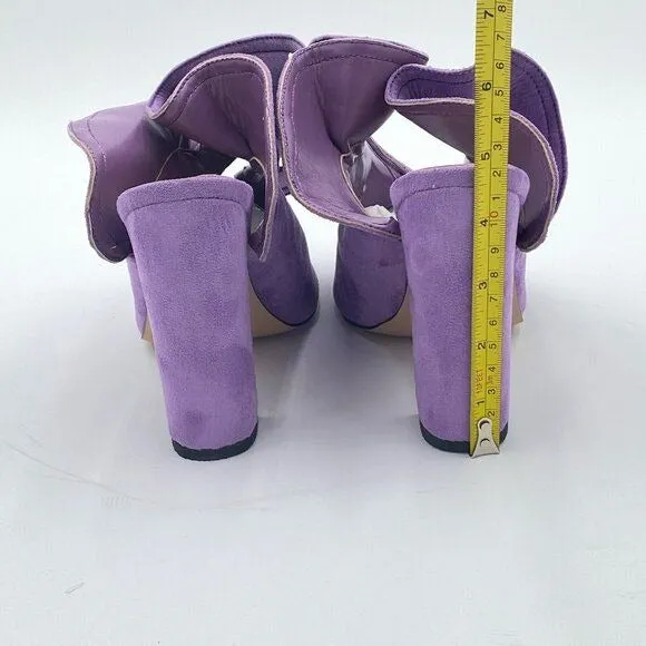 XYD Purple Ruffles Peep Toe High Chunky Block Heel Mule Sandals Slip On Shoes