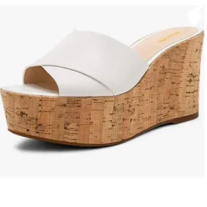 XYD White Platform High Heel Sandal Crisscross Strappy Cork Wedges Peep Toe Mule