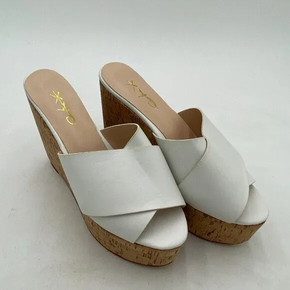 XYD White Platform High Heel Sandal Crisscross Strappy Cork Wedges Peep Toe Mule
