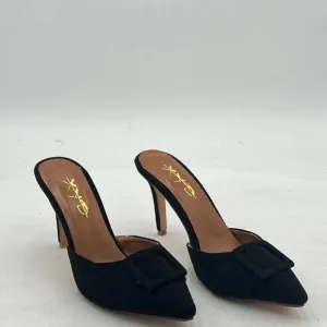 XYD Women Pointed Toe Mule Pumps with Oversized Buckle Kitten High Heels Slip On