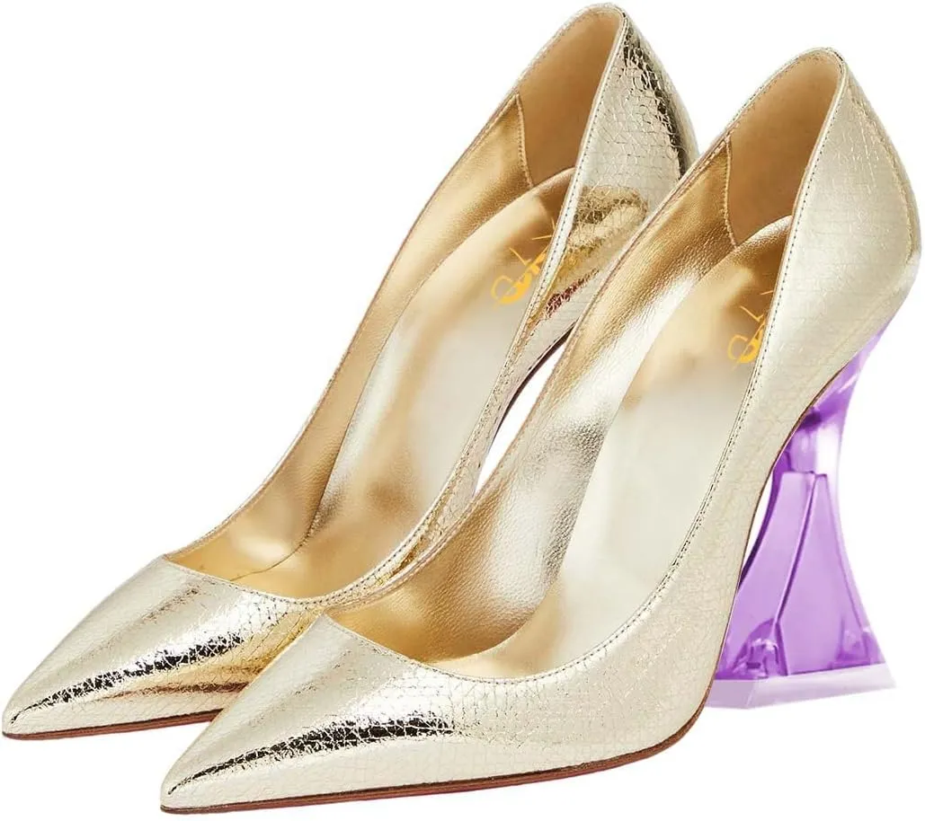 XYD Women Pointed Toe Party Heels Transparent Flared High Heel Studded Pumps Slip On Evening Prom Fashion Shoes
