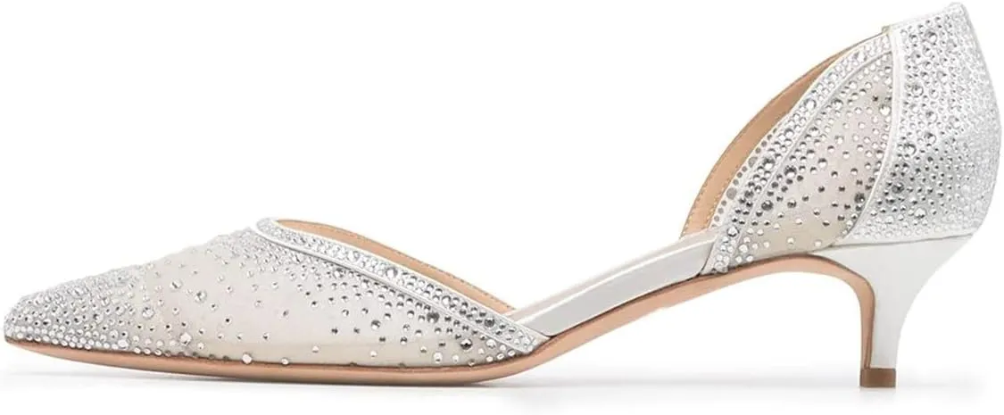 XYD Women's Pumps, Elegant Pointed Toe, D'Orsay Kitten Low Heels, Rhinestone Studs, Slip-On Satin Shoes for Wedding
