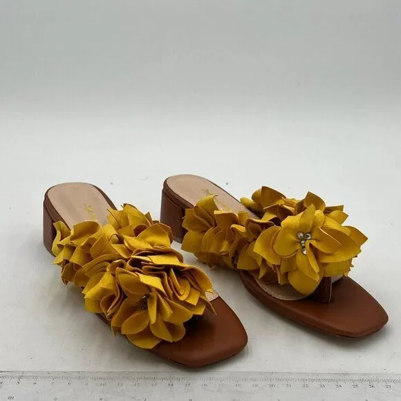 XYD Yellow And Brown Slip On Chunky Slide Low Heel Mule Flower Flip Flops Sandal