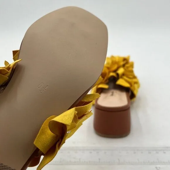 XYD Yellow And Brown Slip On Chunky Slide Low Heel Mule Flower Flip Flops Sandal