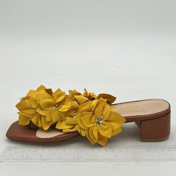 XYD Yellow And Brown Slip On Chunky Slide Low Heel Mule Flower Flip Flops Sandal