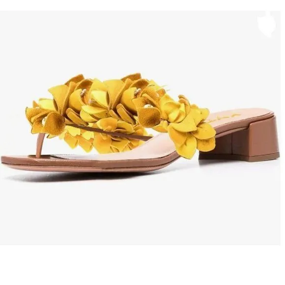 XYD Yellow And Brown Slip On Chunky Slide Low Heel Mule Flower Flip Flops Sandal