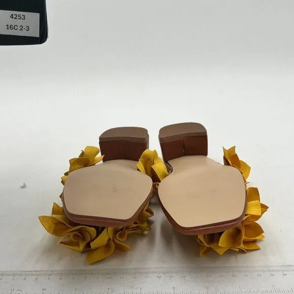 XYD Yellow And Brown Slip On Chunky Slide Low Heel Mule Flower Flip Flops Sandal