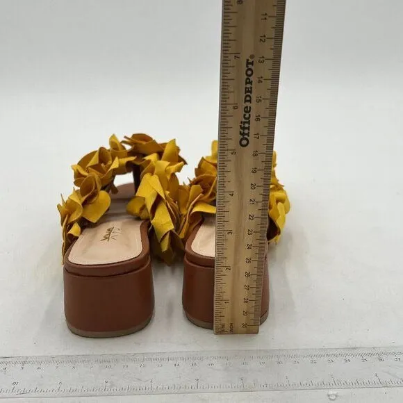 XYD Yellow And Brown Slip On Chunky Slide Low Heel Mule Flower Flip Flops Sandal