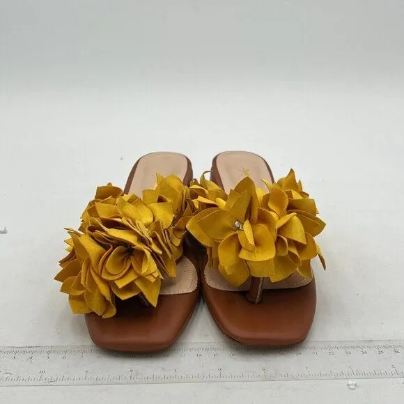 XYD Yellow And Brown Slip On Chunky Slide Low Heel Mule Flower Flip Flops Sandal