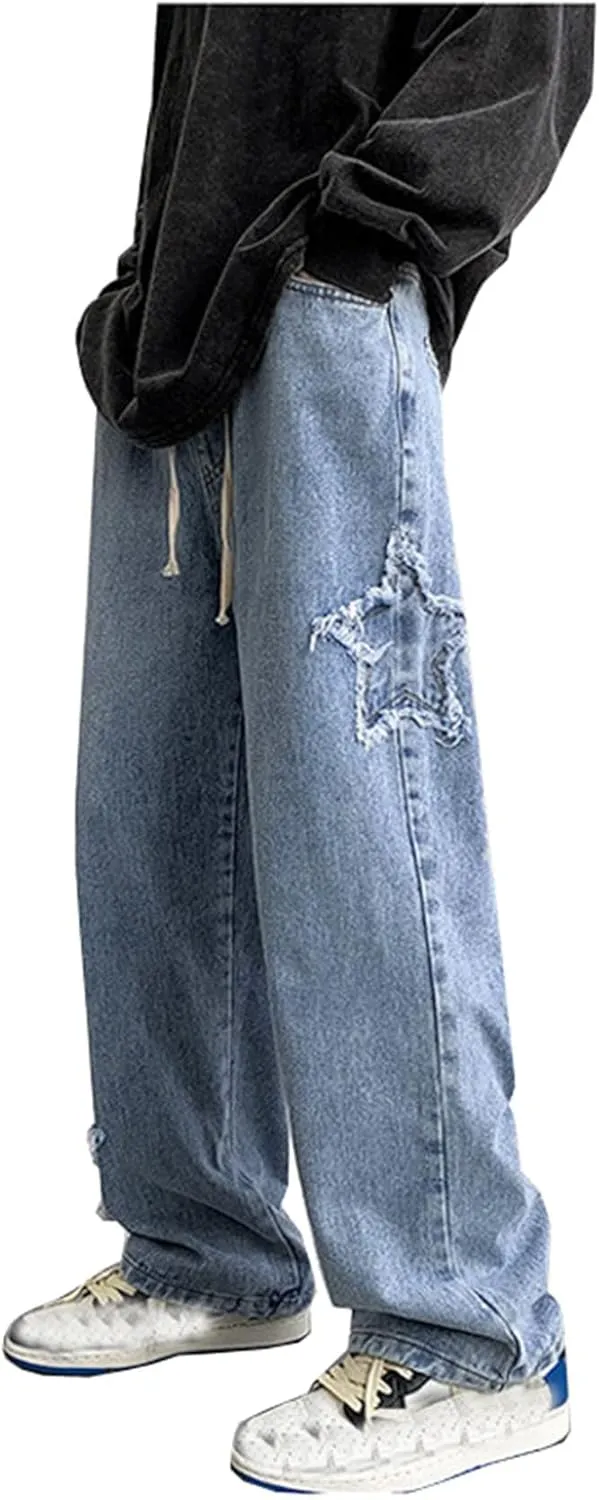 Y2k Jeans Men Aesthetic Black Baggy Jeans Goth Vintage Street Loose Fit Star Graphic Denim Pants Straight Trousers