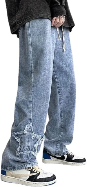 Y2k Jeans Men Aesthetic Black Baggy Jeans Goth Vintage Street Loose Fit Star Graphic Denim Pants Straight Trousers