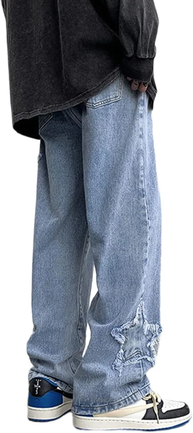 Y2k Jeans Men Aesthetic Black Baggy Jeans Goth Vintage Street Loose Fit Star Graphic Denim Pants Straight Trousers
