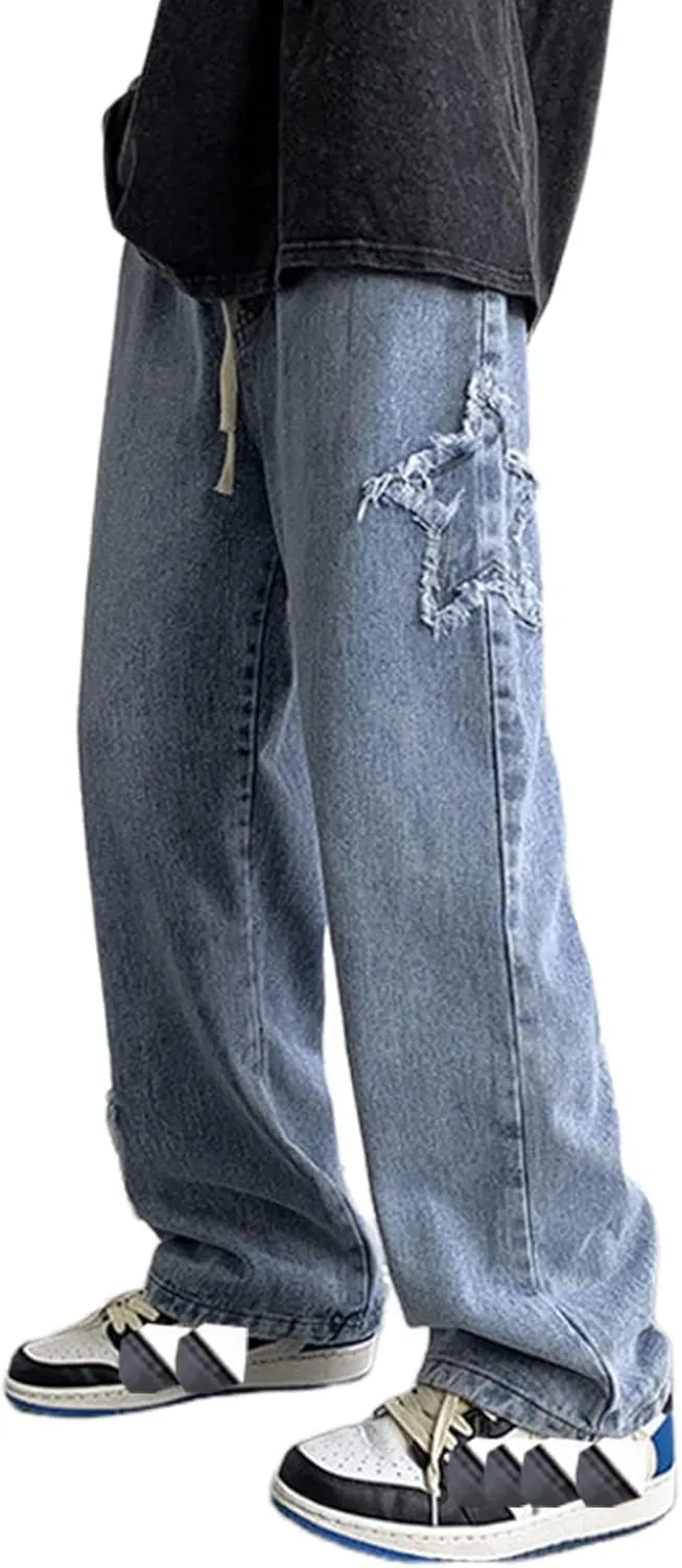 Y2k Jeans Men Aesthetic Black Baggy Jeans Goth Vintage Street Loose Fit Star Graphic Denim Pants Straight Trousers