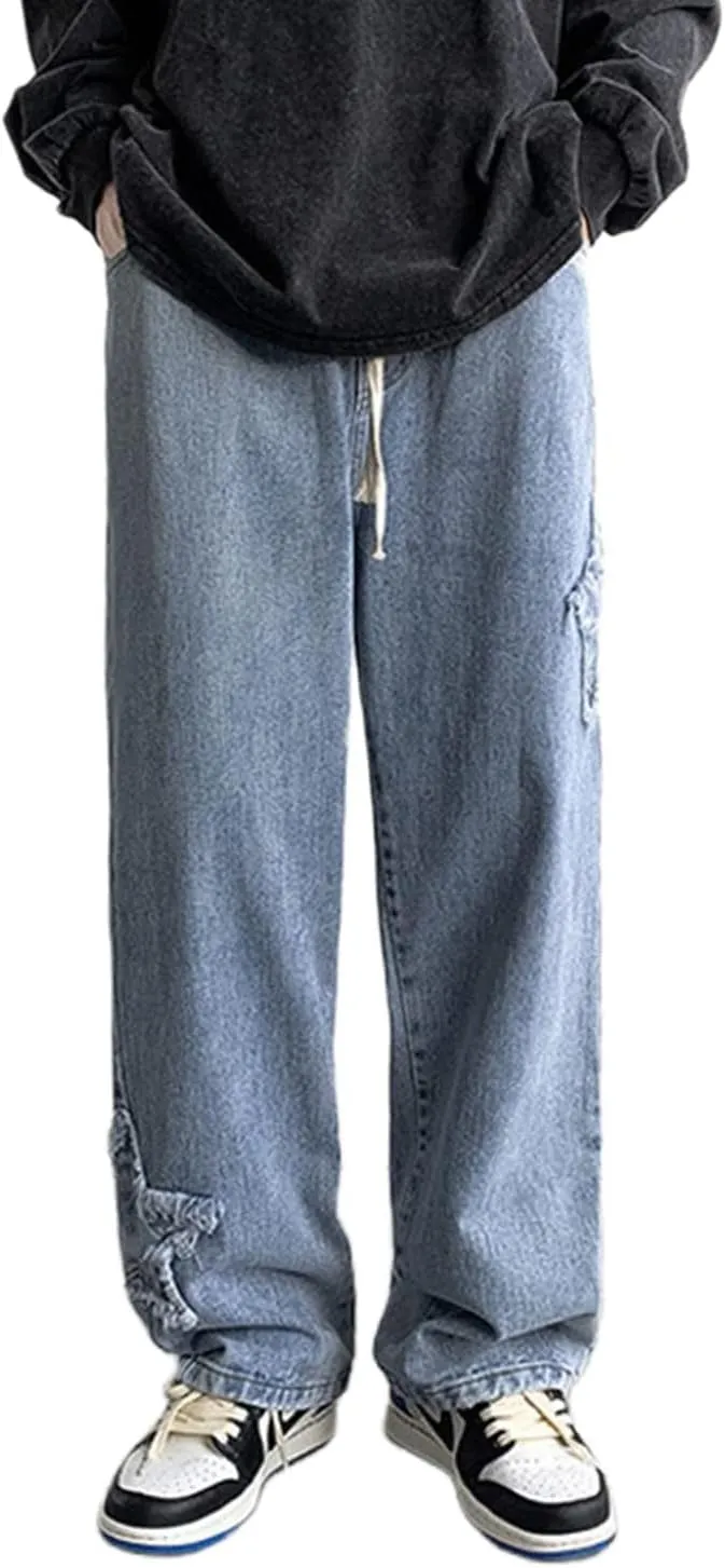 Y2k Jeans Men Aesthetic Black Baggy Jeans Goth Vintage Street Loose Fit Star Graphic Denim Pants Straight Trousers