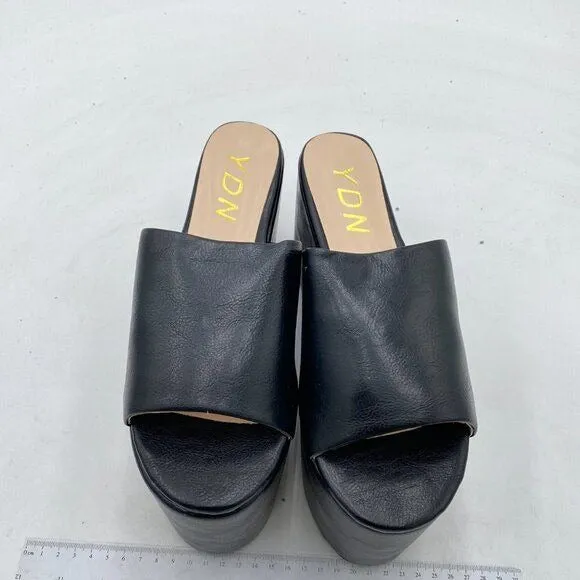 YDN Black Platform Open Toe Heeled Mule Wedge High Heel Sandals Slip on Shoes