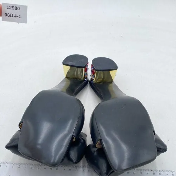 YDN Black Rhinestone Block Heeled Mule Open Toe Slip On Slipper Sexy Bow Sandals