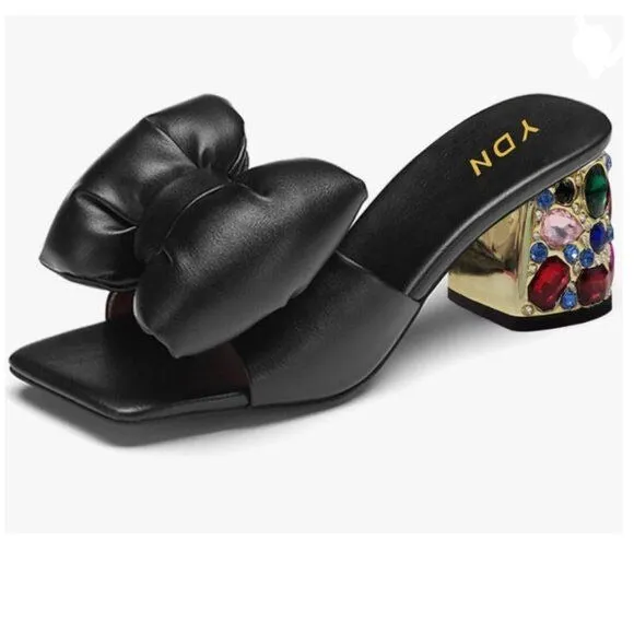 YDN Black Rhinestone Block Heeled Mule Open Toe Slip On Slipper Sexy Bow Sandals