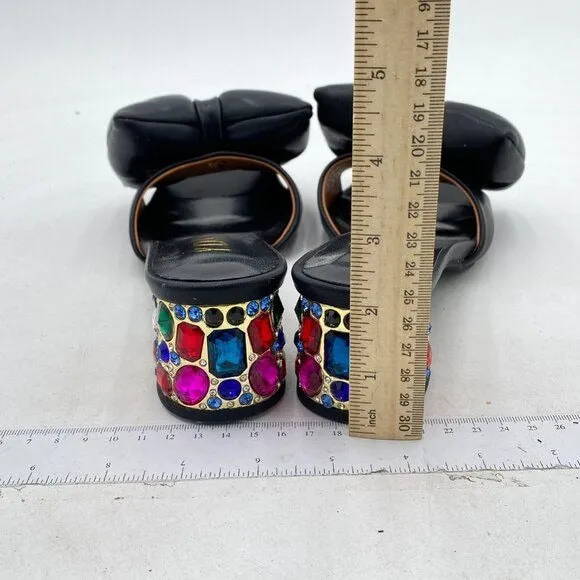 YDN Black Rhinestone Block Heeled Mule Open Toe Slip On Slipper Sexy Bow Sandals