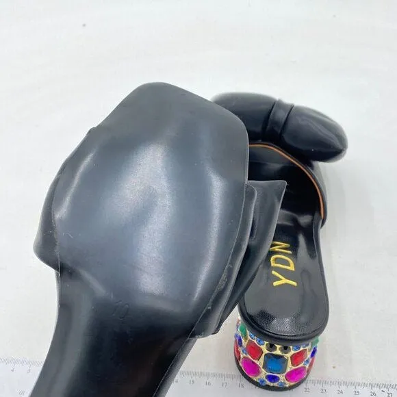 YDN Black Rhinestone Block Heeled Mule Open Toe Slip On Slipper Sexy Bow Sandals