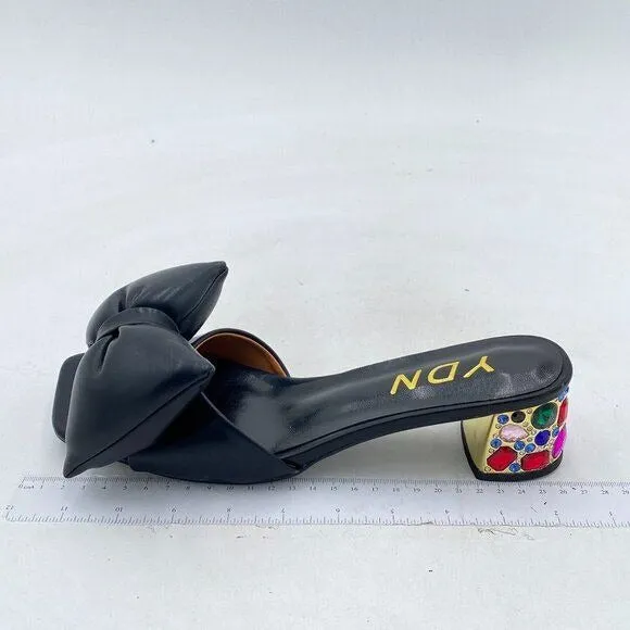 YDN Black Rhinestone Block Heeled Mule Open Toe Slip On Slipper Sexy Bow Sandals