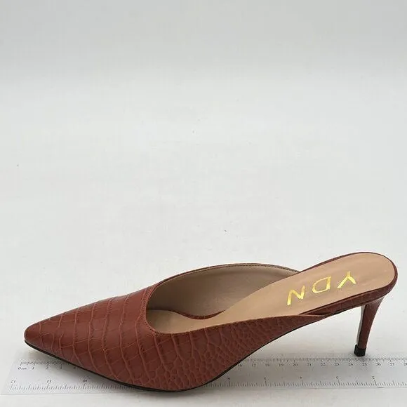 YDN Brown Crocodile Print Pointed Toe Thin Mid Heel Backless Mule Slip On Slide