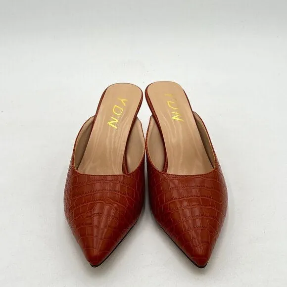 YDN Brown Crocodile Print Pointed Toe Thin Mid Heel Backless Mule Slip On Slide