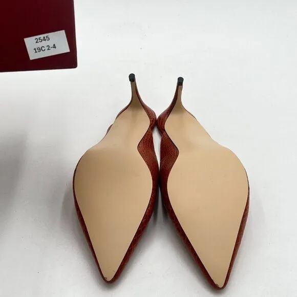 YDN Brown Crocodile Print Pointed Toe Thin Mid Heel Backless Mule Slip On Slide