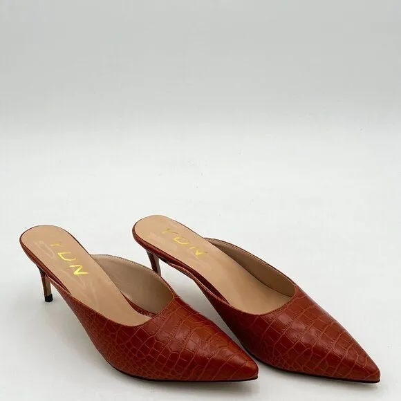 YDN Brown Crocodile Print Pointed Toe Thin Mid Heel Backless Mule Slip On Slide