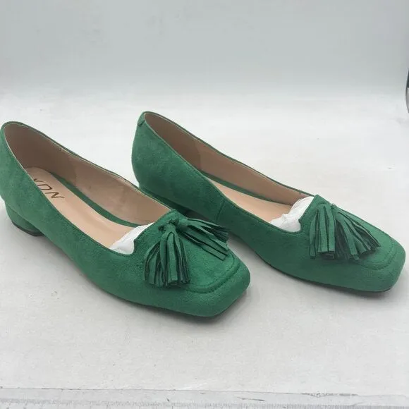 YDN Green Block Low Heel Loafers Square Toe Tassel Fringed Pump Slip On Shoe