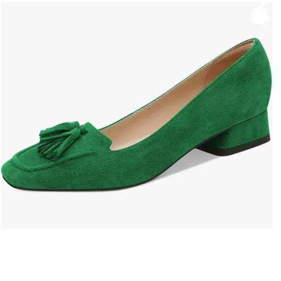 YDN Green Block Low Heel Loafers Square Toe Tassel Fringed Pump Slip On Shoe
