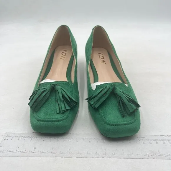 YDN Green Block Low Heel Loafers Square Toe Tassel Fringed Pump Slip On Shoe