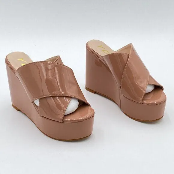 YDN Nude Peep Toe High Heel Wedge Sandal Mule Platform Double Wide Strap Slipper