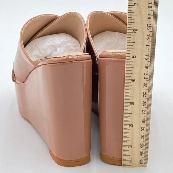 YDN Nude Peep Toe High Heel Wedge Sandal Mule Platform Double Wide Strap Slipper