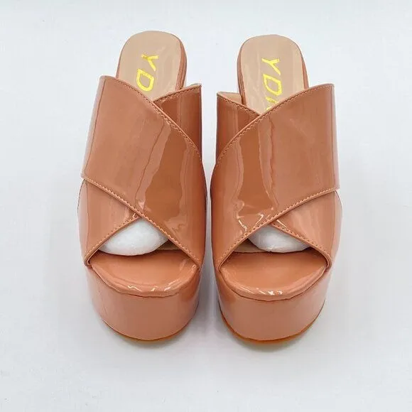 YDN Nude Peep Toe High Heel Wedge Sandal Mule Platform Double Wide Strap Slipper