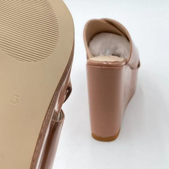 YDN Nude Peep Toe High Heel Wedge Sandal Mule Platform Double Wide Strap Slipper