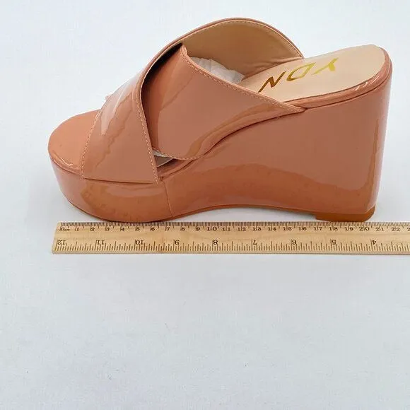 YDN Nude Peep Toe High Heel Wedge Sandal Mule Platform Double Wide Strap Slipper