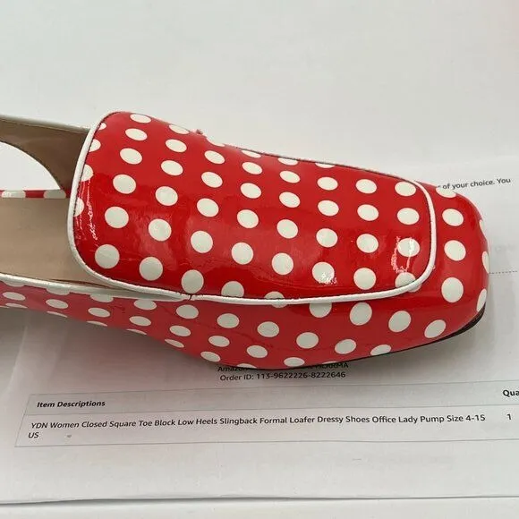YDN Red Polka Dots Square Toe Block Low Heels Slingback Lady Pump