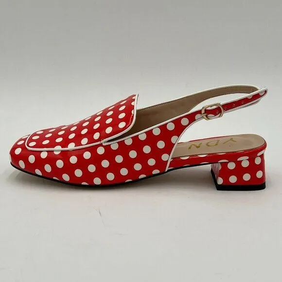 YDN Red Polka Dots Square Toe Block Low Heels Slingback Lady Pump