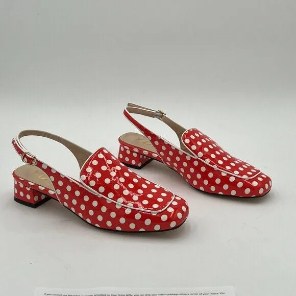 YDN Red Polka Dots Square Toe Block Low Heels Slingback Lady Pump