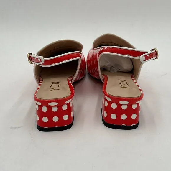 YDN Red Polka Dots Square Toe Block Low Heels Slingback Lady Pump