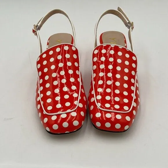 YDN Red Polka Dots Square Toe Block Low Heels Slingback Lady Pump