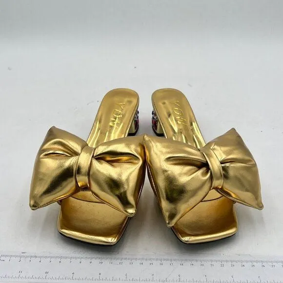 YDN Women Rhinestone Block Heeled Mule Sandals Open Toe Slip On Slipper Sexy Bow