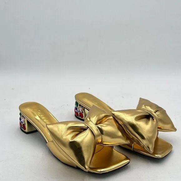 YDN Women Rhinestone Block Heeled Mule Sandals Open Toe Slip On Slipper Sexy Bow