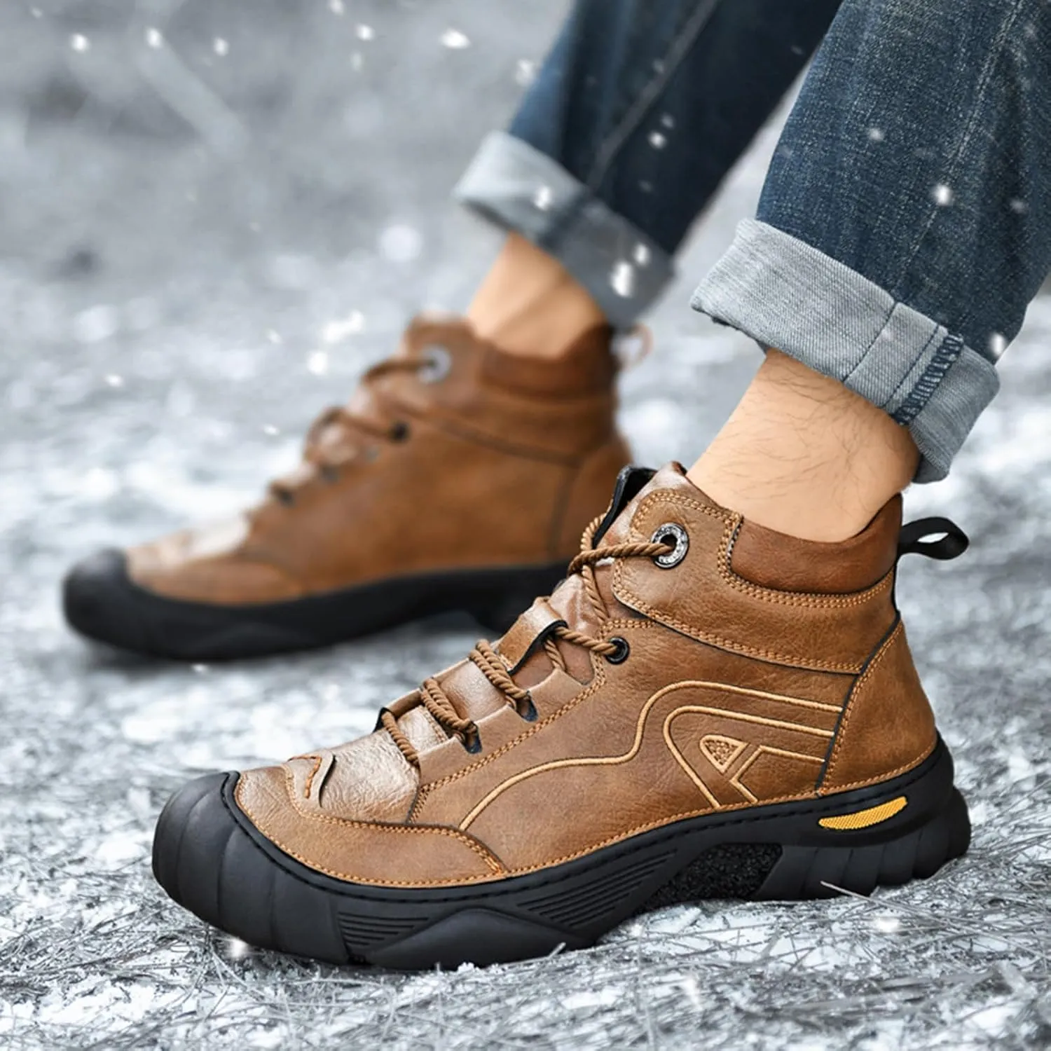 Zeberfi Men's Warm Fur Lined Leather Snow Boots Winter Casual Trekking Anti-Slip Waterproof Lace Up Round Toe Backpacking Boots Lightweight Outdoor Hiking Ankle Work Boots