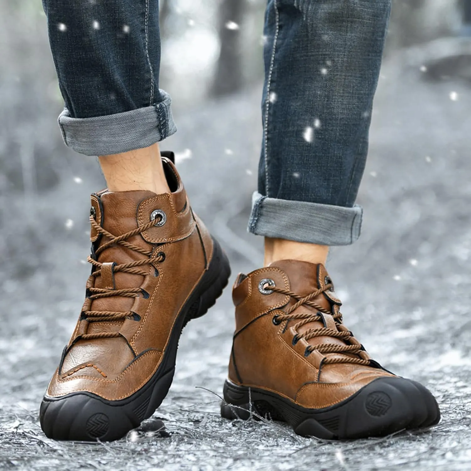 Zeberfi Men's Warm Fur Lined Leather Snow Boots Winter Casual Trekking Anti-Slip Waterproof Lace Up Round Toe Backpacking Boots Lightweight Outdoor Hiking Ankle Work Boots