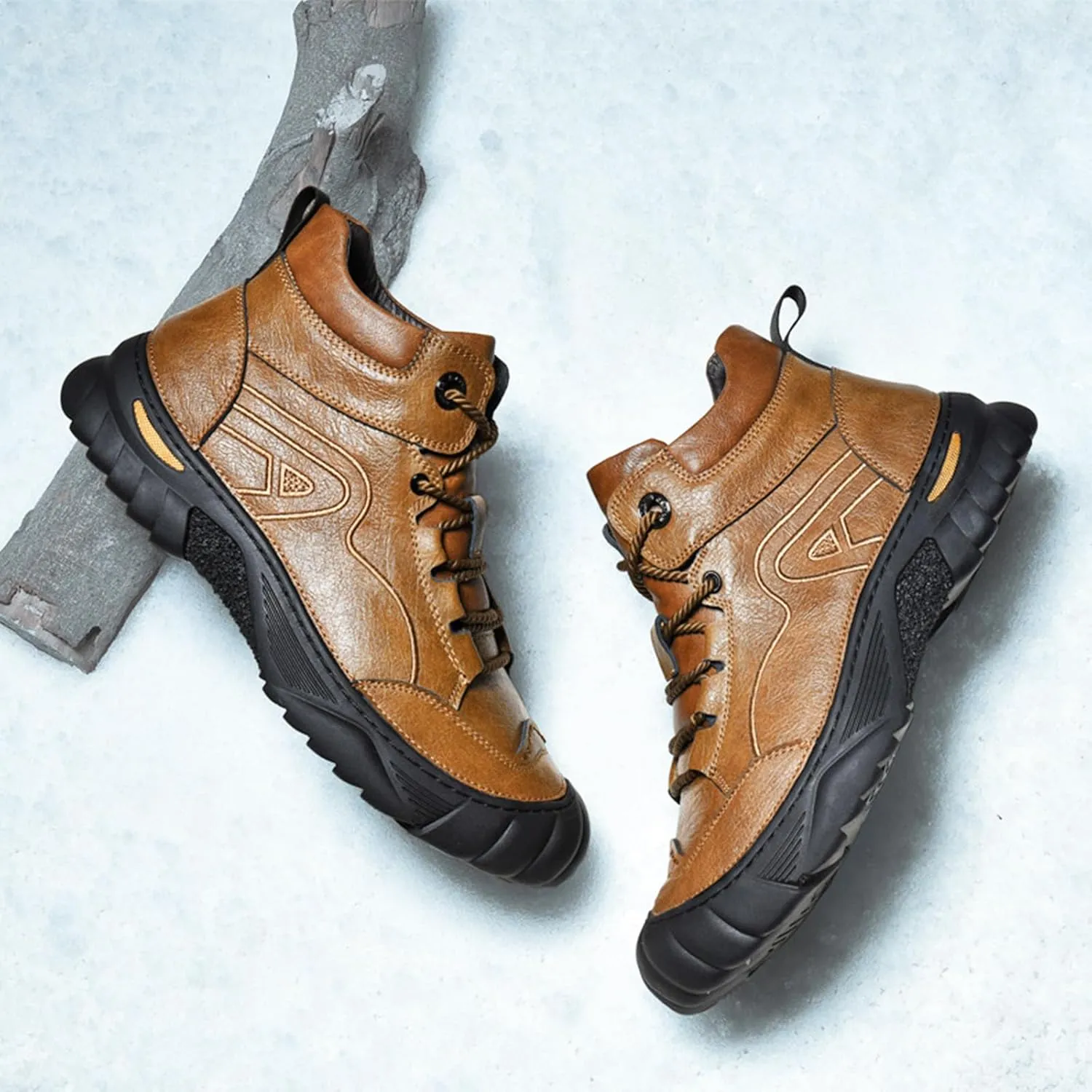 Zeberfi Men's Warm Fur Lined Leather Snow Boots Winter Casual Trekking Anti-Slip Waterproof Lace Up Round Toe Backpacking Boots Lightweight Outdoor Hiking Ankle Work Boots