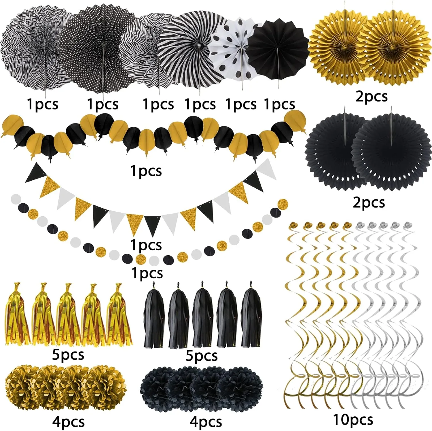 ZERODECO Party Decorations, 41 Pcs Black and Gold Papar Fans Pompoms Garlands String Tissue Paper Tassel for Graduation Congrats Grad New Years Wedding Birthday Party