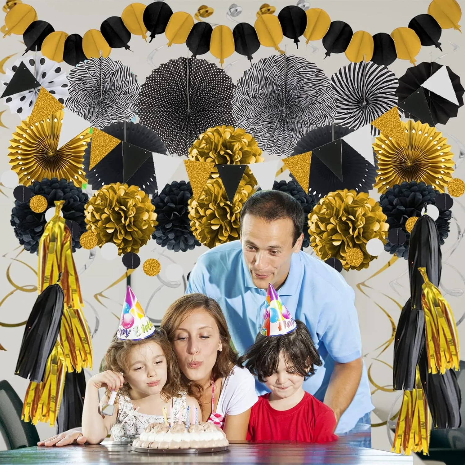 ZERODECO Party Decorations, 41 Pcs Black and Gold Papar Fans Pompoms Garlands String Tissue Paper Tassel for Graduation Congrats Grad New Years Wedding Birthday Party